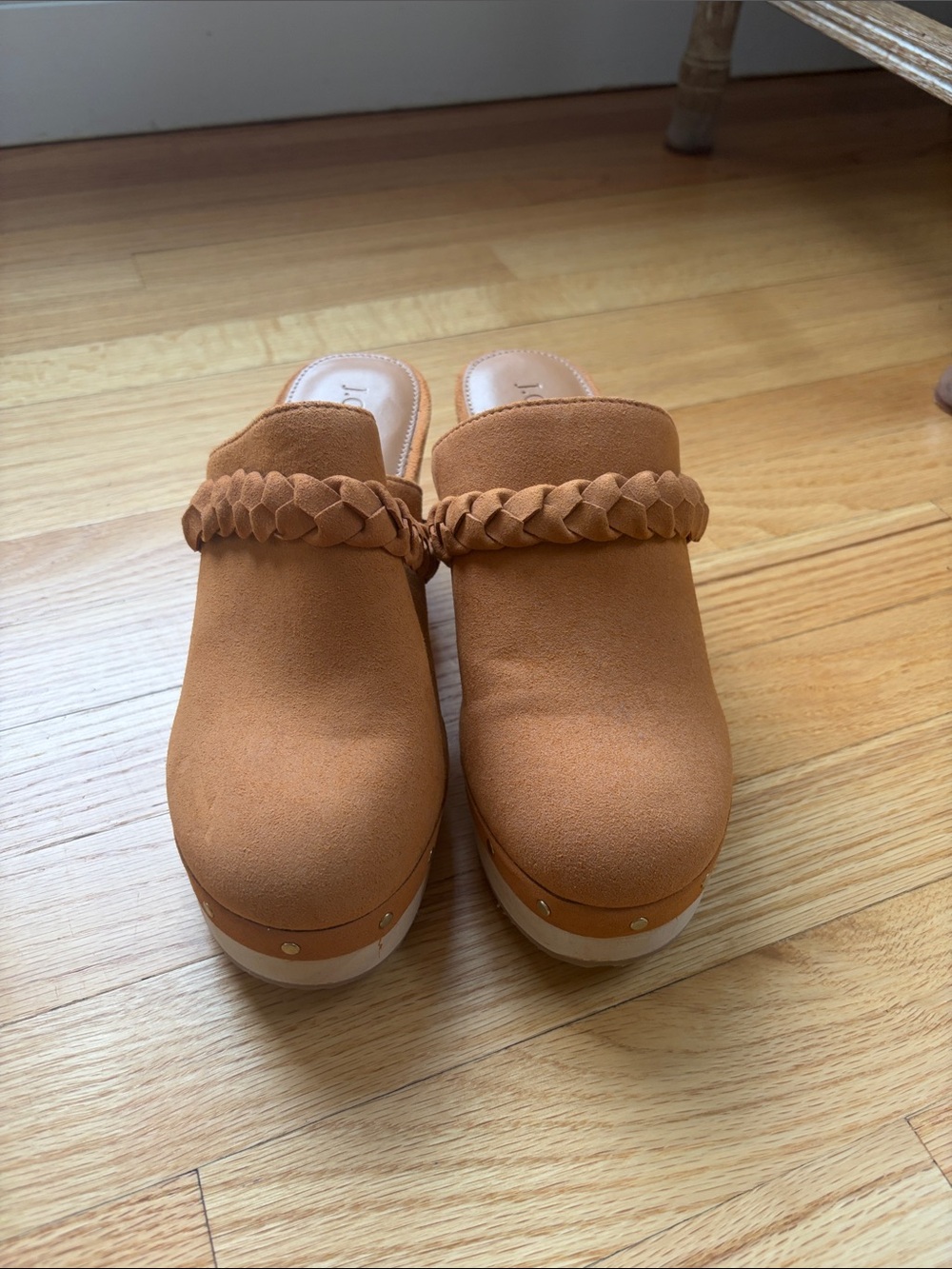 J. Crew Braided Suede Clog Mules in Camel